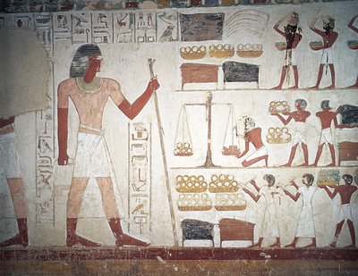 Vejningen af kobber, freskomaleri, Brugerhats grav, vejleder og skriver under Amenhotep II