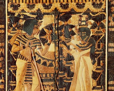 Toppanel fra en kasse, fra Tutankhamons grav, New Kingdom (træ, bronze, elfenben og farvet glasur) af Egyptian 18th Dynasty