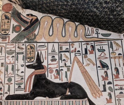 Anubis og cobra (vægmaleri) af Egyptian 19th Dynasty