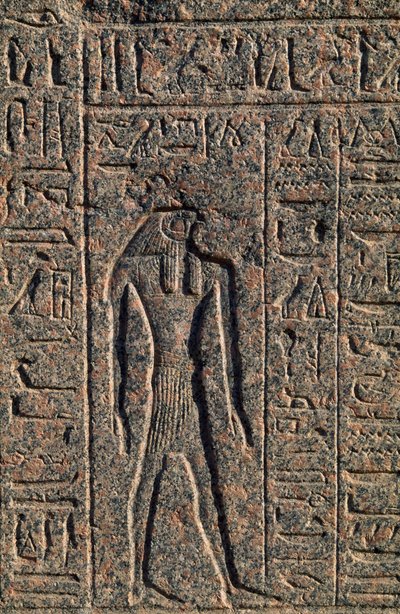 Afbildning af Horus, detalje af inskription og relief af Thoth og Horus, Amenhoteps sarkofag, Memphis (Unescos verdensarvsliste) af Egyptian 19th Dynasty