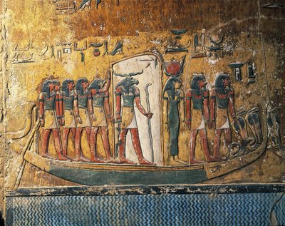 Egypti, Luxor, Muinainen Thebes, Kuninkaiden laakso, Seti I:n hauta, freskot, jotka kuvaavat aurinkovenettä oinaanpäisen jumalan kanssa af Egyptian 19th Dynasty