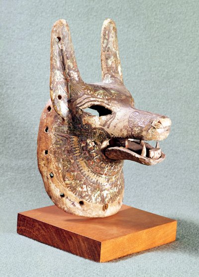 Anubis hoved, med hængslet kæbe, brugt som orakelmaske, New Kingdom (malet træ) (se også 55441) af Egyptian 19th Dynasty