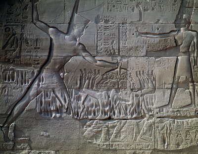 Libyske fanger, relief, ydervæg af den store hypostylehal, Amon-templet, Karnak-tempelkomplekset (Unescos verdensarvsliste) af Egyptian 19th Dynasty