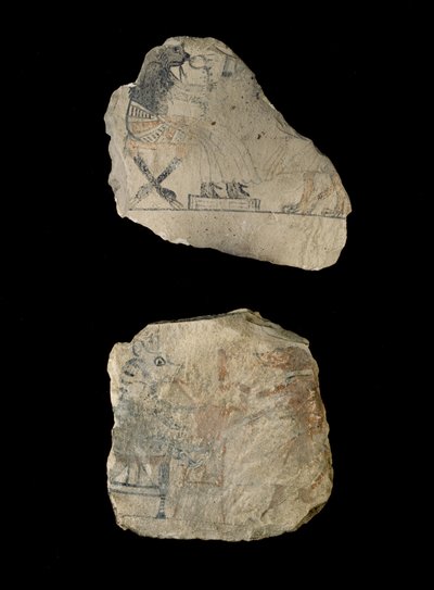Kalkstensostraca med humoristiske skitser i rød og sort blæk (kalksten malet med sort og rød blæk) af Egyptian 19th Dynasty