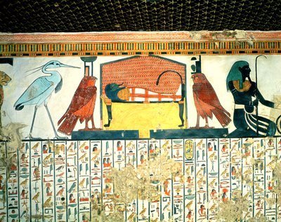 Mumi på en begravelsesseng med forskellige guddommeligheder, fra Nefertaris grav, New kingdom (vægmaleri) af Egyptian 19th Dynasty
