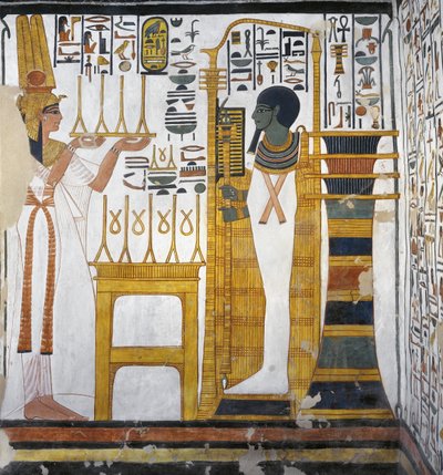 Nefertari ofrer linned til Ptah, detalje fra vestvæggen i det østlige anneks af Nefertaris grav (vægmaleri) af Egyptian 19th Dynasty