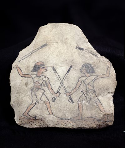 Ostrakon skildrer to mænd, der kæmper med pinde, fra Deir El-Medina, New Kingdom (malet sten) af Egyptian 19th Dynasty