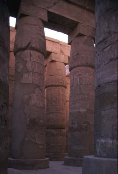 Papyrus-søjler med hovedstæder af knopper i Hypostyle Hall of Temple of Amun, New Kingdom (foto) af Egyptian 19th Dynasty