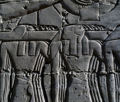 Præst iført høgemaske, detalje fra scene, der viser Ramses II foran hellig båd, relief, indvendige vægge i den store hypostylehal, Karnak-tempelkomplekset (Unescos verdensarvsliste) af Egyptian 19th Dynasty