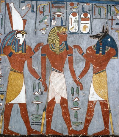 Ramses I mellem Horus og Anubis, fresko, gravkammer, Ramses I
