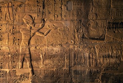 Ramses II ofrer foran den hellige båd, Karnak, Egypten (relief) af Egyptian 19th Dynasty