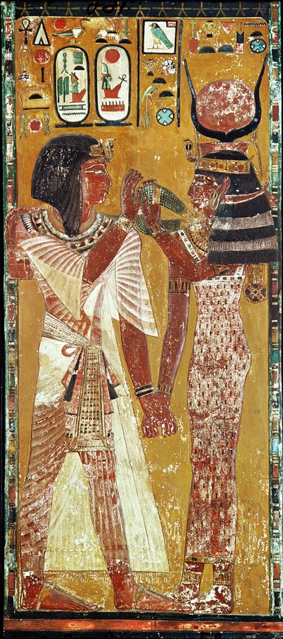 Relief, der viser gudinden Hathor, der placerer den magiske krave på Seti I (ca. 1394-1279 f.Kr.) New Kingdom (malet kalksten) af Egyptian 19th Dynasty