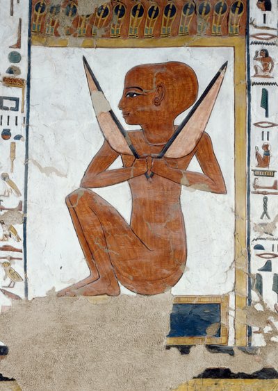 Repræsentation af Henty-Reki, vogter af den femte port til Kongeriget Osiris, detaljer fra freskoerne i gravkammeret i Nefertari, Valley of Queens, Luxor, Theben. Egyptisk civilisation, New Kingdom, Dynasti XIX. af Egyptian 19th Dynasty