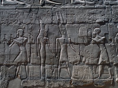 Scener med ofringer til guder, relief, indvendige vægge i den store hypostylehal, Karnak-tempelkomplekset (Unescos verdensarvsliste) af Egyptian 19th Dynasty