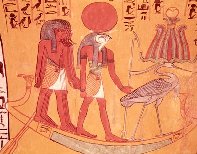 Solbark med Re-Horakhty, benufuglen og fire andre guddomme, fra Sennedjems grav, The Workers Village, New Kingdom (vægmaleri) af Egyptian 19th Dynasty