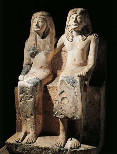 Statuære gruppe, der repræsenterer skriveren Pendua og hans kone Nefertari (kalksten) fandt Deir el-Medina, Egypten af Egyptian 19th Dynasty