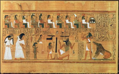 The Weighing of the Heart against the Feather of Sandheden, fra Book of the Dead of the Scribe Any, ca. 1250 BC (malet papyrus) af Egyptian 19th Dynasty