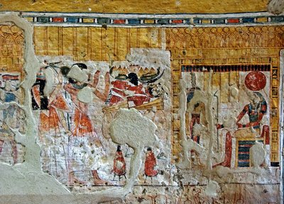 Egyptisk antikvitet: repræsentation af Shuroy og hans kone, der tilbeder guddomme. Maleri af Shuroys grav (TT13). 20. dynasti. 1190-1077 f.Kr. Nekropolen af Dra Abu el-Naga, Vestbredden af Luxor, Egypten af Egyptian 20th Dynasty