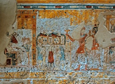 Egyptisk antikvitet: repræsentation af Shuroy og hans kone, der tilbeder guden Osiris, der sidder foran Horus