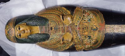 Indvendigt låg af mumien af Nesyamun, muligvis fundet i Deir El-Bahri, New Kingdom, ca. 1100 f.Kr. (malet træ) (detalje af 308052) af Egyptian 20th Dynasty