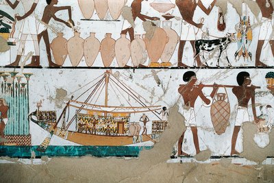 Vægmaleri, der viser scenen for transport af vin på båd, fra New Kingdom af Egyptian 20th Dynasty
