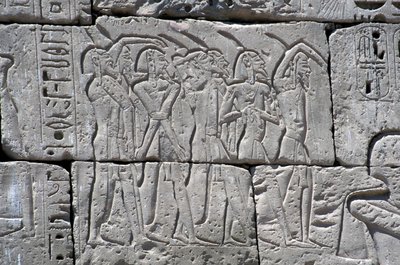 Relief, der viser nordlige fanger i slaget ved Ramses III, Medinets store tempel af Egyptian 20th Dynasty