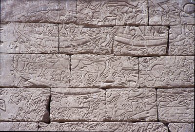 Havfolket, søslaget ved Ramses III, Medinet Habu, sten fra 1195-64 f.Kr. af Egyptian 20th Dynasty