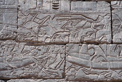 Havfolket, søslaget ved Ramses III, Medinet Habu, sten fra 1195-64 f.Kr. af Egyptian 20th Dynasty