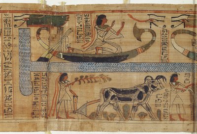 Detalje fra præsten Aha-Mers dødebog, der skildrer en bark og en landbrugsscene, tredje mellemperiode (papyrus) af Egyptian 21st Dynasty