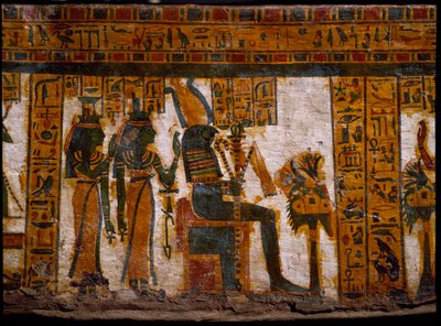 Ægyptisk antikvitet: de guddommelige Isis og Nephtys, der tilbeder Osiris. De har livets nøgler i form af et kors ansee (Ankh). Dekoration af den antropoide sarkofag af skriveren Butehamon, 21. dynasti (1085-935 f.Kr.). Egyptens museum i Torino (Tori af Egyptian 21st Dynasty