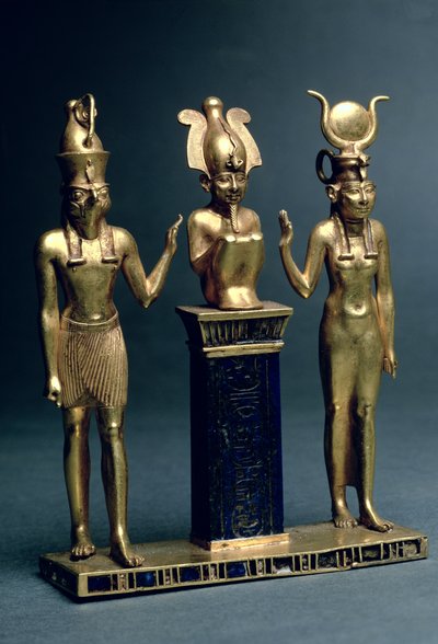 Triade af Osorkon II: Osiris flankeret af Isis og Horus, tredje mellemperiode, ca. 874-850 f.Kr. (guld & lapis lazuli) af Egyptian 22nd Dynasty