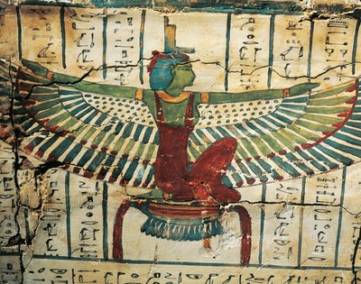 Maalattua, lakattua puuta, joka kuvaa jumalatar Isis levitetyillä siiveillä Cesraperetin sarkofagilla Länsi-Thebestä af Egyptian 25th Dynasty
