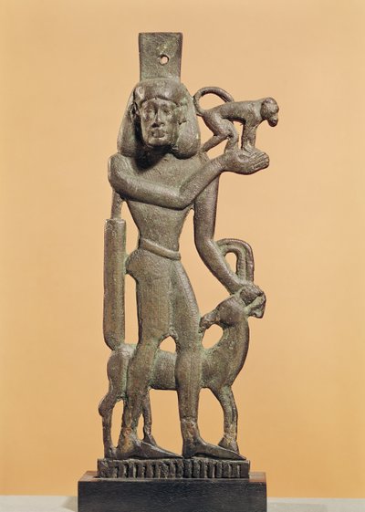Figur af en mand, der holder en abe med en stenbuk, der slikker sit knæ, Saite Periode (bronze) af Egyptian 26th Dynasty