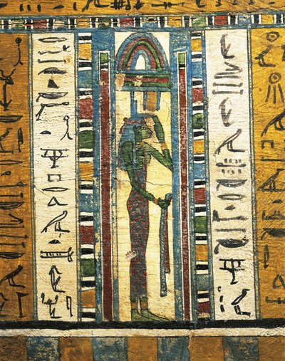 Pudset og malet træpanel, der forestiller gudinden Isis, fra Sarcophagus of Usai, Theben af Egyptian 26th Dynasty
