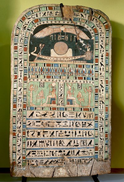 Gudinden Udjarenes, der tilbeder solen, til venstre guden Ra-Horakhty, til højre guden Aton, malede træ. Egyptisk civilisation, sen periode, dynasti XXVI. af Egyptian 26th Dynasty