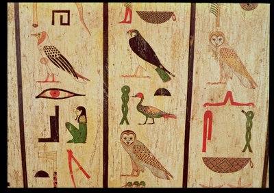 Sarkofagen af Psamtik I (664-610 f.Kr.) detalje af hieroglyfer, sen periode (malet træ) af Egyptian 26th Dynasty