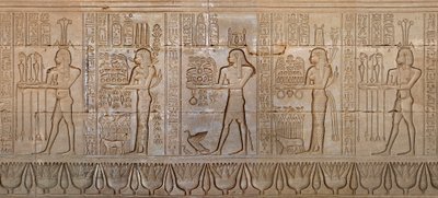 Egyptisk antikvitet: procession af guddomme - Detalje af østmuren af gudinden Hathor a Denderahs tempel, Egypten - Egyptisk civilisation: procession af guder, skåret på væggen af Hathor Temple (eller Tentyra Temple) i Denderah, bygget under th af Egyptian 6th Dynasty