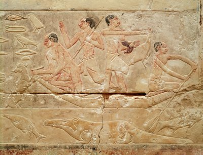 Relief af mænd i en båd, fra Prinsesse Iduts grav, Det Gamle Kongerige, ca. 2330 f.Kr. (malet kalksten) af Egyptian 6th Dynasty