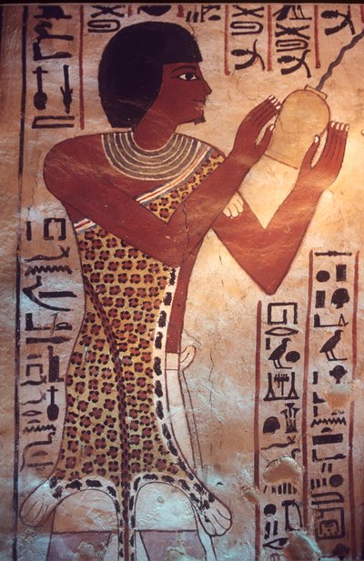 Det gamle Egypten, Sennufers grav, Theben, Luxor, vægmaleri, fresko, vægmaleri, Sennufers søn leder begravelsesfesten, iført kappe af leopardskind af Egyptian Egyptian