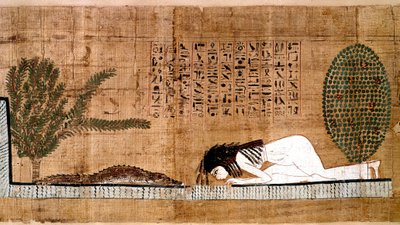 Egyptisk antikvitet: en nedlagt repræsentant, der tilbeder krokodillen, symbol på fecondite. Papyrus fra en dødebog. Kairo, Egyptisk Museum - Det gamle Egypten: en afdød, der tilbeder krokodillen, symbol på frugtbarhed. Papyrus af de dødes bog. af Egyptian Egyptian
