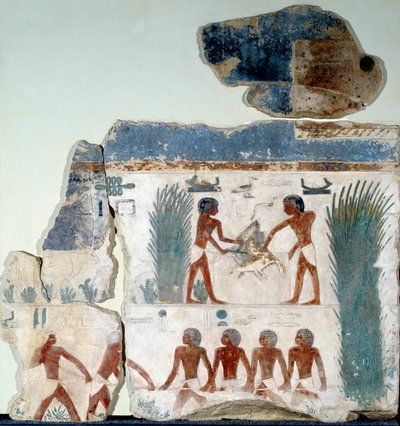 Egyptisk antikvitet: begyndelsen af sommeren. Fugle bliver dræbt af to bønder. Detalje af en malet kalkstensfresko fra soltemplet i Abu Gurob. Berlin, Egyptisk Museum af Egyptian Egyptian