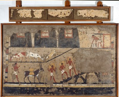 Egyptisk antikvitet: transport af hvede på ryggen af muldyr og på ryggen af mænd. Detrempe på ler og halm fra graven til kong Itis general og kansler i El Ghebelen nær Luxor. 2200-2000 f.Kr. Torino, egyptisk museum af Egyptian Egyptian