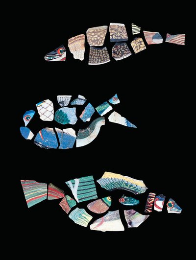 Tre fragmentariske fiskeindlæg af mosaik, ptolemæisk-romersk periode, ca. 1. århundrede f.Kr. - 1. århundrede e.Kr. (glas) af Egyptian Egyptian