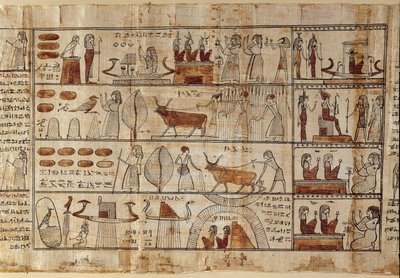 Egyptisk antikvitet: Elysees-markerne. Maleri på papyrus fra Dødebogen. Ptolemæisk periode Torino, egyptisk museum - Det gamle Egypten: de elysiske marker. Maleri på papyrus fra Dødebogen. Ptolemæisk periode. Egyptisk museum, Torino, It af Egyptian Ptolemaic Period
