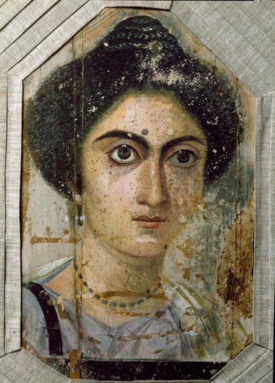Egyptisk antikvitet: begravelsesportræt af en kvinde. Maling på træ. Slutningen af det 2. århundrede. Fra Fayum (Fayum) i Egypten. Firenze, museo archeologico af Egyptian School