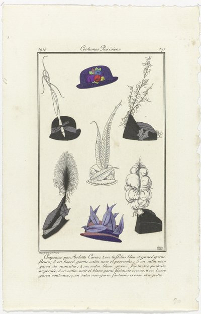 tilbehør Journal des Dames et des Modes, Costumes Parisiens, 1914, nr. 171: Hatte af Arlett (...) af Eiger
