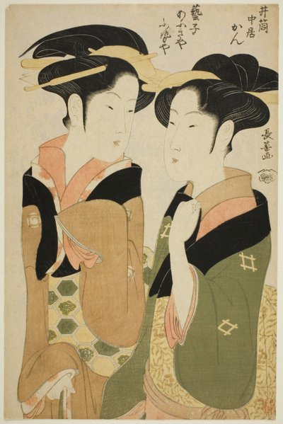 Kan, en servitrice fra Izutsuya, og geishaen Fuseya fra Ogiya af Eishōsai Chōki
