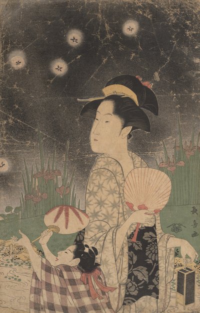 Kvinde og barn, der fanger ildfluer, ca. 1793. af Eishōsai Chōki