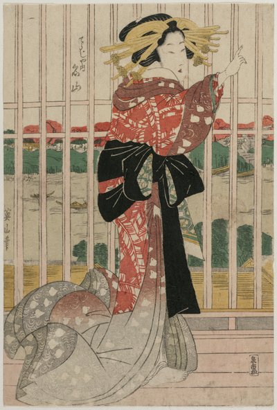 Courtesan Meizan fra Chojiya på en balkon med udsigt over Sumida-floden, ca. begyndelsen af eller midten af 1820