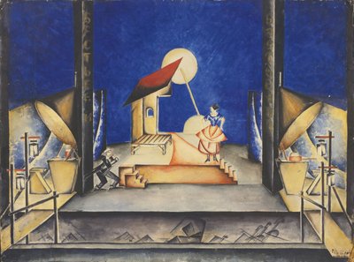 Scenedesign til Opera Bastien und Bastienne af W. A. Mozart, 1925 af Ekaterina Petrova Troitskaya